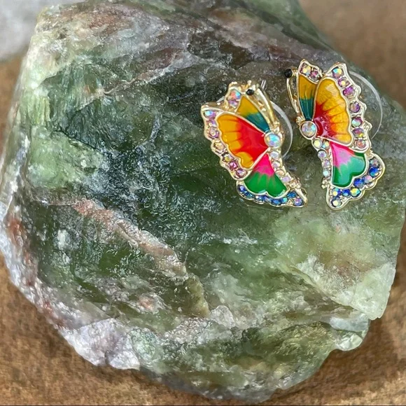 COLORFUL CZ & ENAMEL BUTTERFLY STUD EARRINGS - Picture 2 of 6